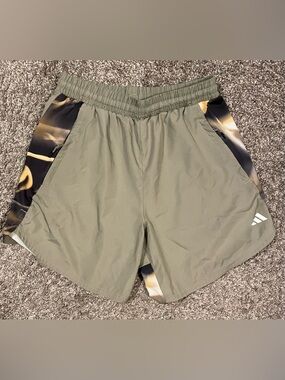 Adidas Olive Green Athletic Shorts with Black and Gold Accent Panels 7” Inseam